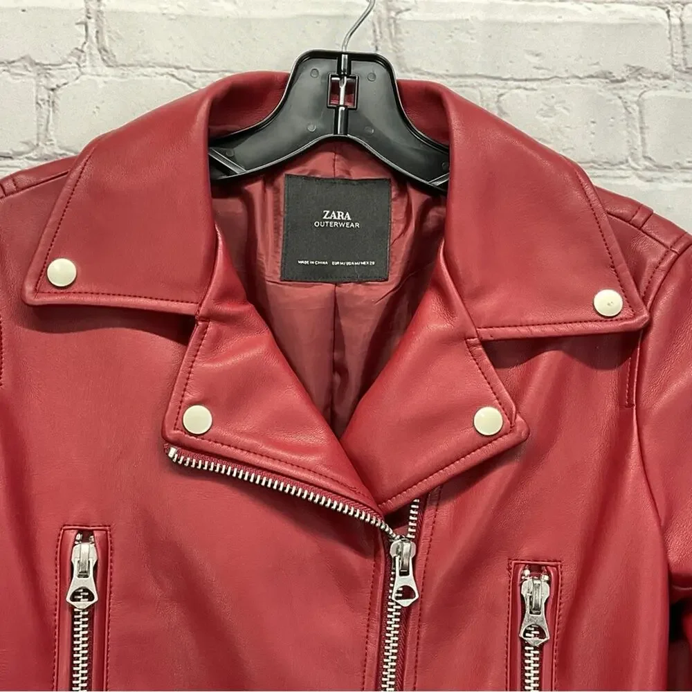 Zara Faux Leather Zip Moto Jacket Women's M Burgandy Belted Bikercore Pockets
